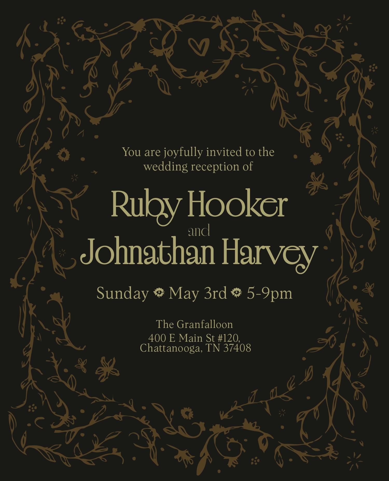 Wedding invitation for Ruby Hooker and Johnathan Harvey — Sunday, May 3rd, 5–9pm at The Granfalloon